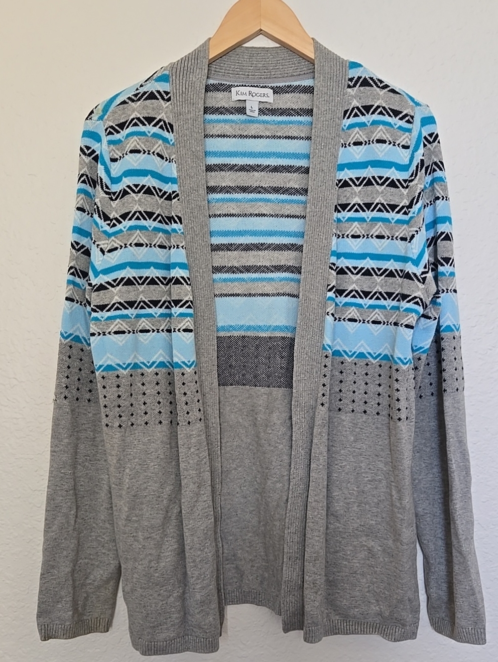Kim Rogers Gray Open-Front Cardigan with Blue Patterned Stripes